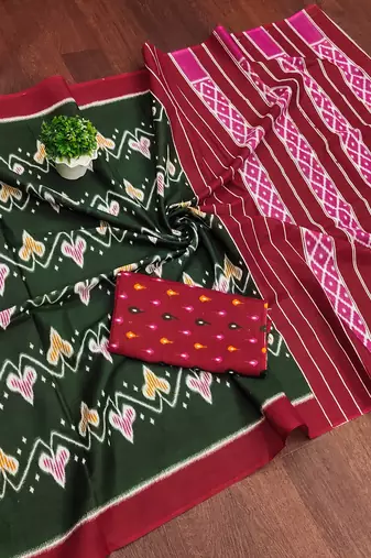 Green ikkat print mulmul cotton saree with blouse.