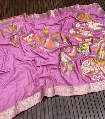 Lavender Color Meenakari Big Butterfly Figure Flower Work Viscos Khaddi Sarere 2