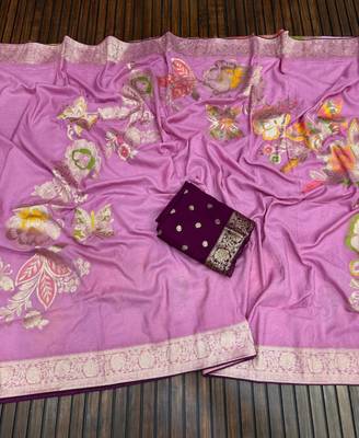 Lavender Color Meenakari Big Butterfly Figure Flower Work Viscos Khaddi Sarere 3
