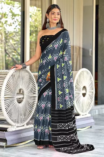 Grey ikkat print mulmul cotton saree with blouse.