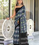 Grey ikkat print mulmul cotton saree with blouse.