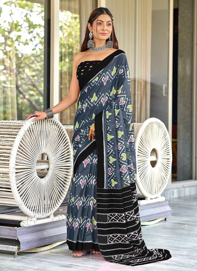 Grey ikkat print mulmul cotton saree with blouse.