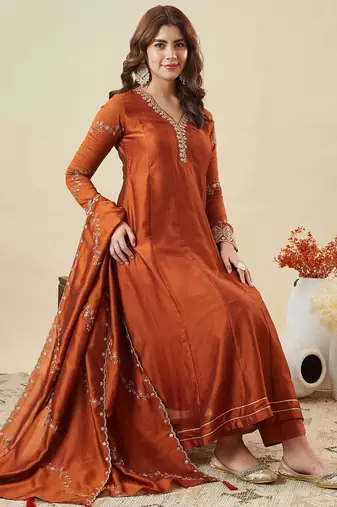 Graceful rust embroidered flared vichitra silk kurta pant set with dupatta for women