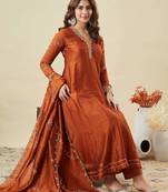 Graceful rust embroidered flared vichitra silk kurta pant set with dupatta for women