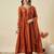 Graceful rust embroidered flared vichitra silk kurta pant set with dupatta for women