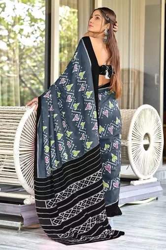 Grey ikkat print mulmul cotton saree with blouse.