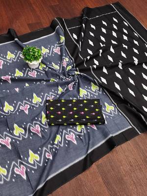Grey ikkat print mulmul cotton saree with blouse. 5