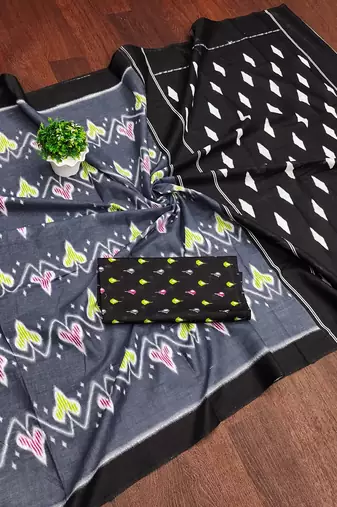 Grey ikkat print mulmul cotton saree with blouse.