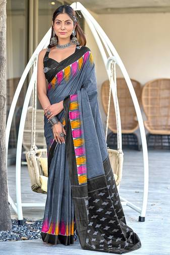 Dark grey printed mulmul cotton saree with blouse.