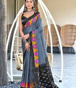 Dark grey printed mulmul cotton saree with blouse.