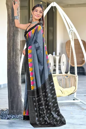 Dark grey printed mulmul cotton saree with blouse.