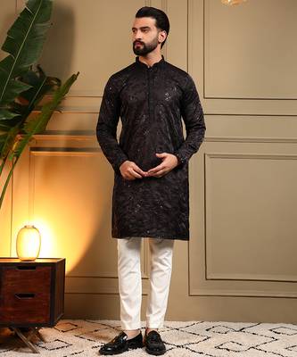 Men's black royal silk sequins embroidered kurta with pajama set 1