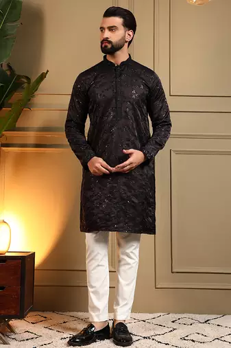 Men's black royal silk sequins embroidered kurta with pajama set