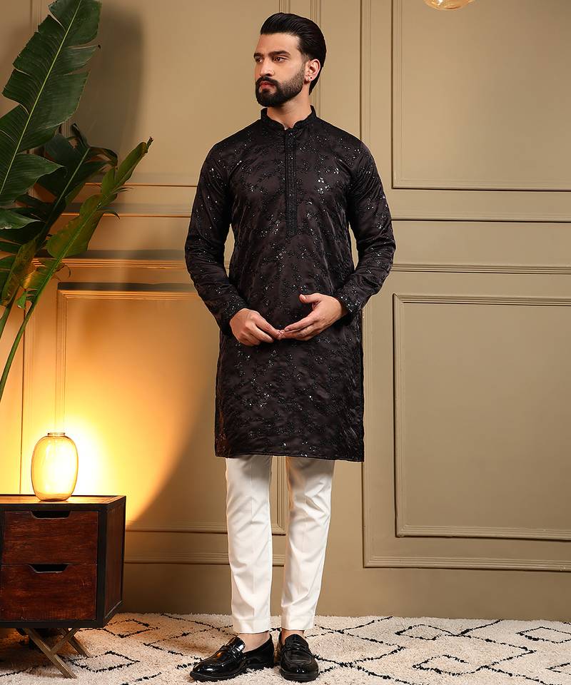 Men's black royal silk sequins embroidered kurta with pajama set