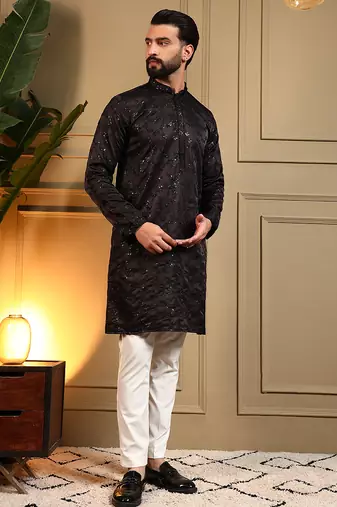 Men's black royal silk sequins embroidered kurta with pajama set