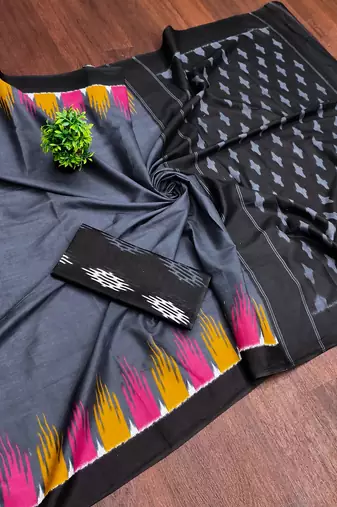 Dark grey printed mulmul cotton saree with blouse.