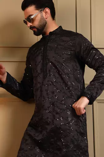 Men's black royal silk sequins embroidered kurta with pajama set