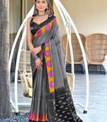 Grey printed mulmul cotton saree with blouse.