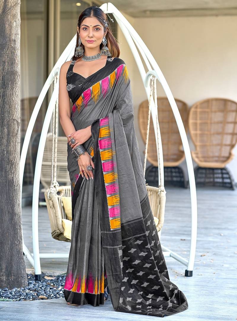 Grey printed mulmul cotton saree with blouse.
