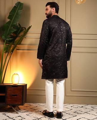 Men's black royal silk sequins embroidered kurta with pajama set 5