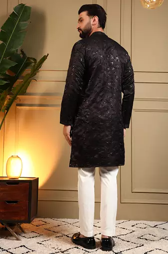 Men's black royal silk sequins embroidered kurta with pajama set