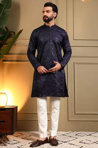 Men's navy blue royal silk sequins embroidered kurta with pajama set