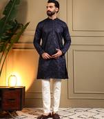 Men's navy blue royal silk sequins embroidered kurta with pajama set