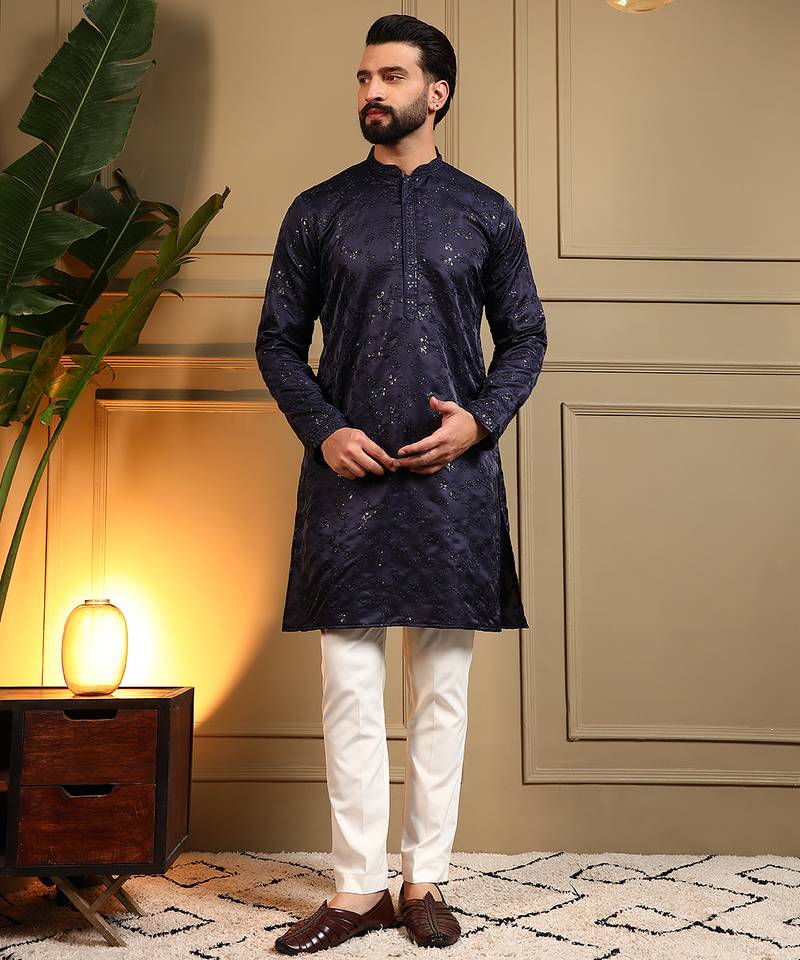 Men's navy blue royal silk sequins embroidered kurta with pajama set