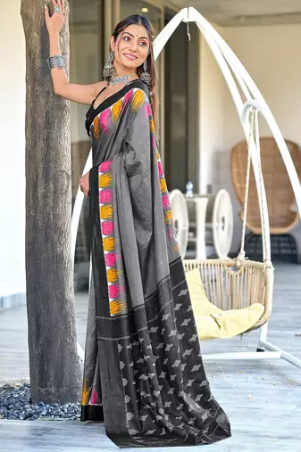 Grey printed mulmul cotton saree with blouse.