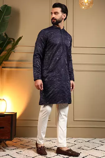 Men's navy blue royal silk sequins embroidered kurta with pajama set