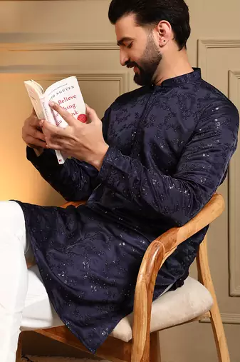 Men's navy blue royal silk sequins embroidered kurta with pajama set