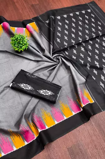 Grey printed mulmul cotton saree with blouse.