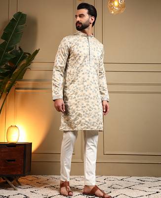 Men's cream royal silk sequins embroidered kurta with pajama set 2