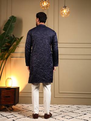 Men's navy blue royal silk sequins embroidered kurta with pajama set 5