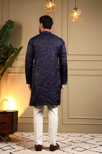 Men's navy blue royal silk sequins embroidered kurta with pajama set