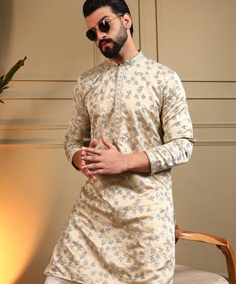 Men's cream royal silk sequins embroidered kurta with pajama set 3