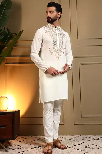 Men's white armani lachka sequins embroidered kurta with pajama set