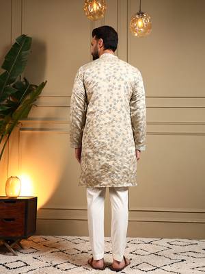 Men's cream royal silk sequins embroidered kurta with pajama set 5