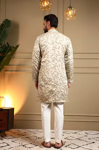 Men's cream royal silk sequins embroidered kurta with pajama set