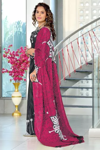 Grey batik print mulmul cotton saree with blouse.