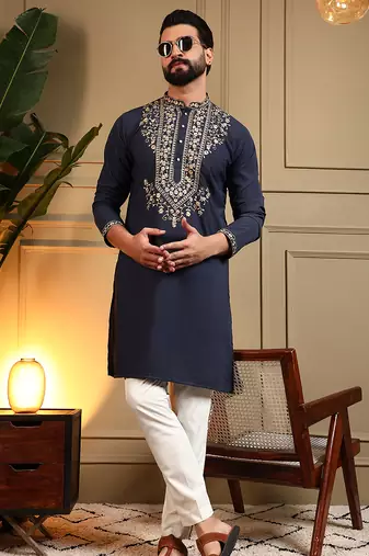 Men's navy blue armani lachka sequins embroidered kurta with pajama set