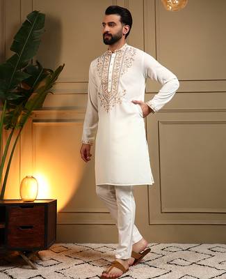 Men's white armani lachka sequins embroidered kurta with pajama set 3