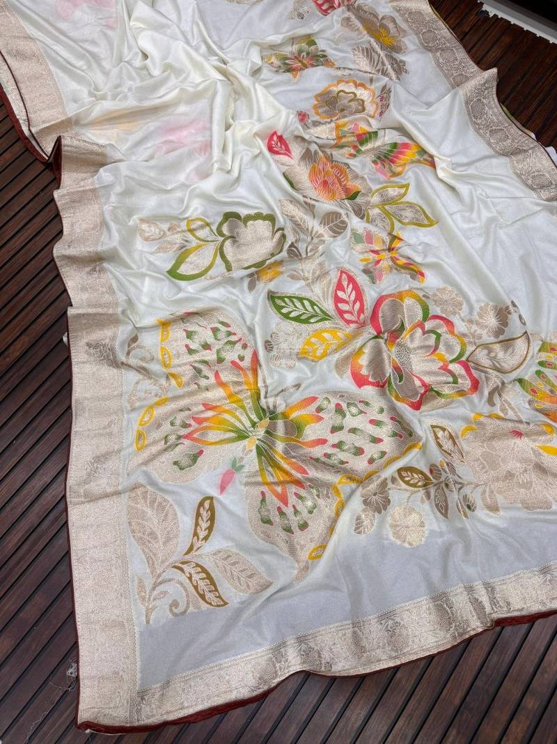 White Color Meenakari Big Butterfly Figure Flower Work Viscos Khaddi Sarere