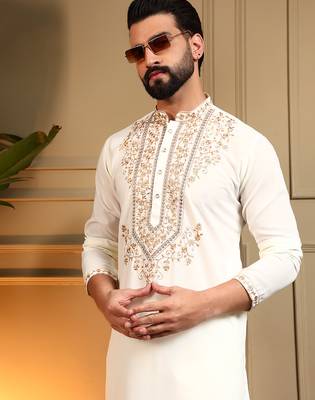 Men's white armani lachka sequins embroidered kurta with pajama set 4