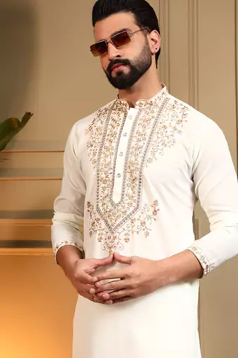 Men's white armani lachka sequins embroidered kurta with pajama set