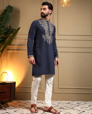 Men's navy blue armani lachka sequins embroidered kurta with pajama set 2