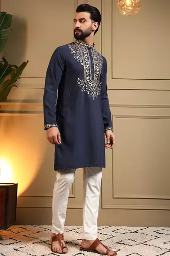 Men's navy blue armani lachka sequins embroidered kurta with pajama set