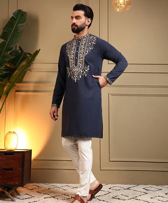 Men's navy blue armani lachka sequins embroidered kurta with pajama set 3