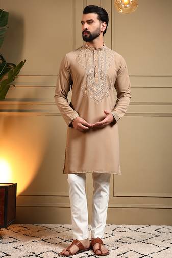 Men's beige armani lachka sequins embroidered kurta with pajama set