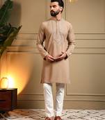 Men's beige armani lachka sequins embroidered kurta with pajama set